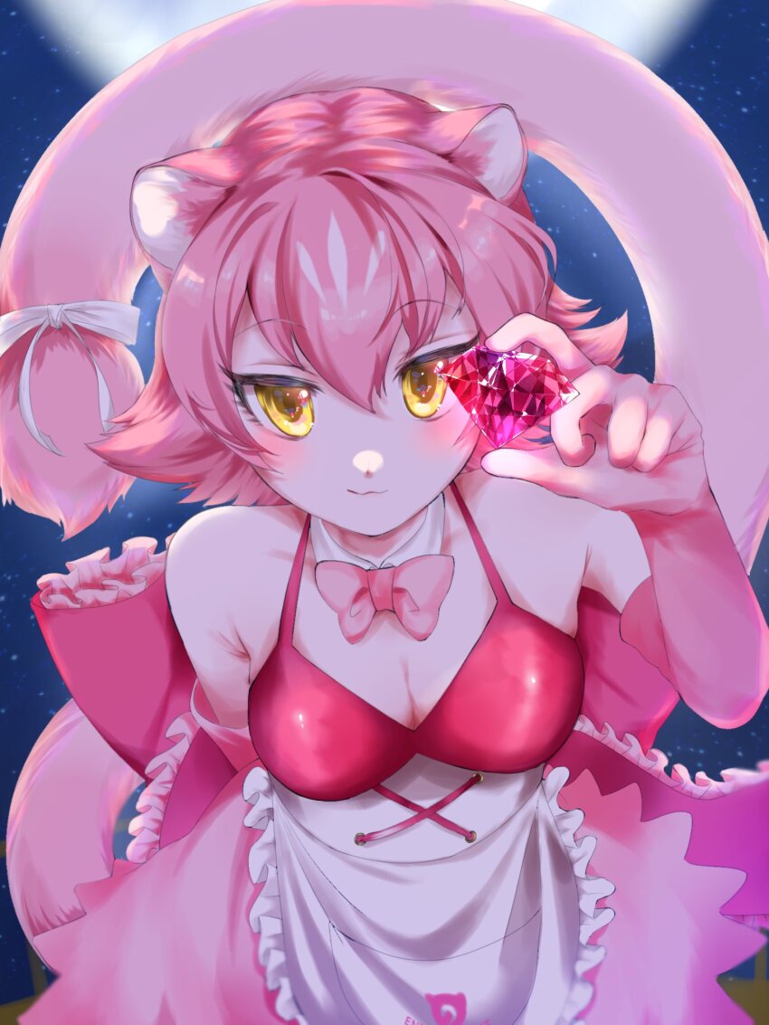 1girl, animal_ears, apron, bare_shoulders, bow, bowtie, bra, diamond_(gemstone)