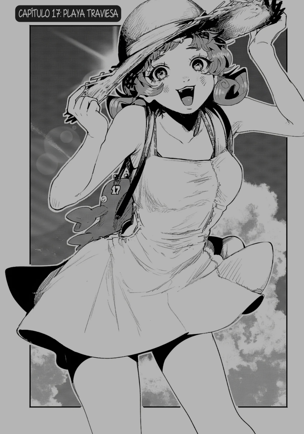 1girl, bag, beach, blush, dress, filter-goshi_no_kanojo, greyscale, hands_up