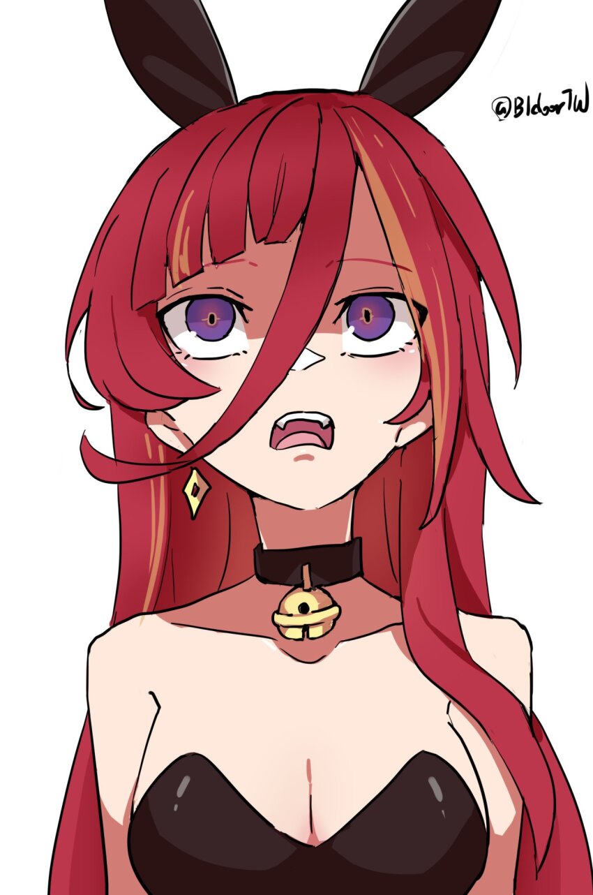 1girl, animal_ears, bare_shoulders, bell, bidortw, black_collar, blonde_hair, breasts