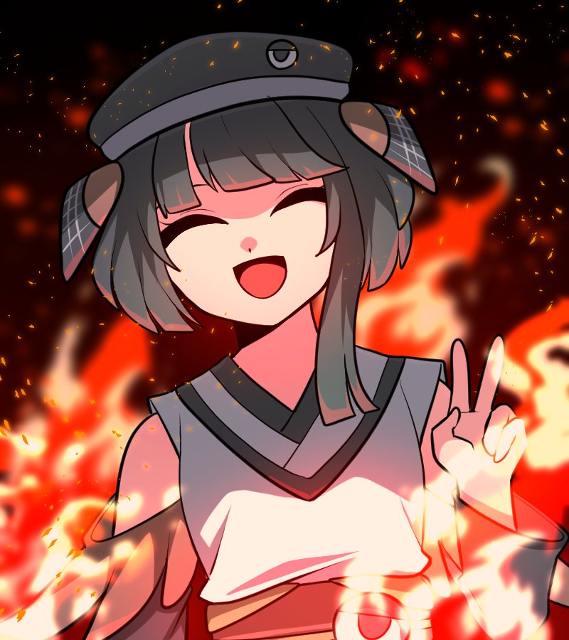 1boy, 1jumangoku, ^_^, animal_ears, asymmetrical_hair, bare_shoulders, bird_ears, black_background, black_hair, black_hat, black_sleeves, blunt_bangs, blunt_ends, closed_eyes, commentary, detached_sleeves, embers, eye_of_senri, eyelashes, fire, hat, indie_virtual_youtuber, long_sleeves, male_focus, open_mouth, shirt, short_hair_with_long_locks, simple_background, sleeveless, sleeveless_shirt, smile, solo, tabinoki_kanae, upper_body, v, virtual_youtuber, white_shirt