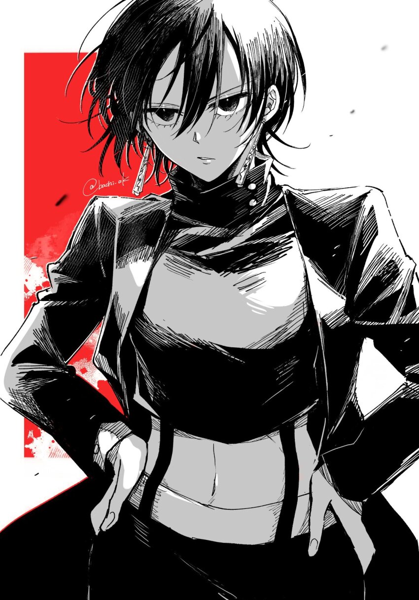 1girl, akanashi_(bachi_ak), black_hair, black_jacket, black_pants, breasts, disgust, earrings