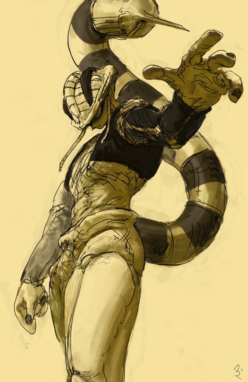 1boy, absurdres, brown_theme, feet_out_of_frame, highres, hunter_x_hunter, male_focus, meruem, oku_(2964_okn), outstretched_arm, reaching, reaching_towards_viewer, reptile_boy, serious, shaded_face, solo, standing, tail_raised, thick_tail, toned, toned_male, unfinished