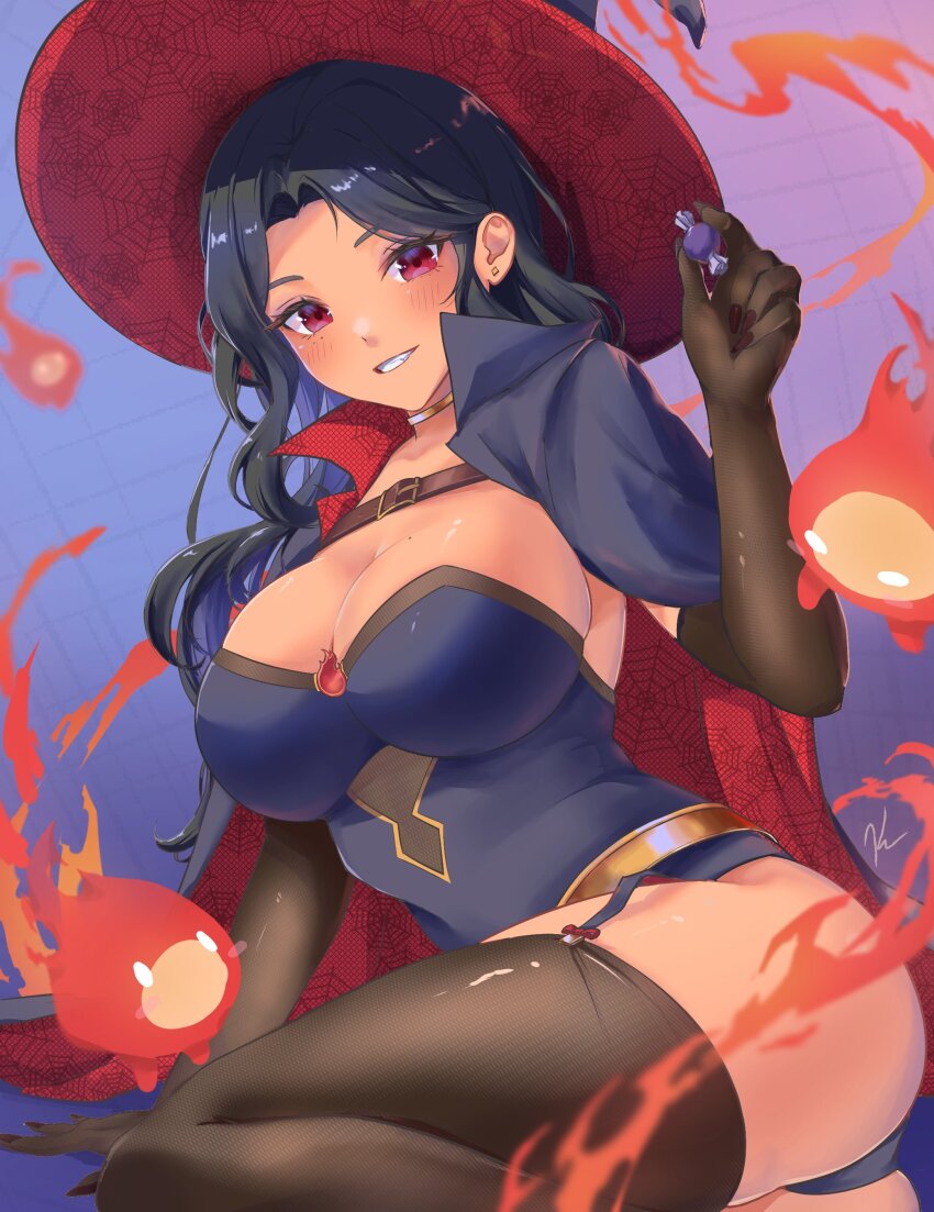 1girl, absurdres, belt, black_cape, black_garter_straps, black_gloves, black_hair, black_hat