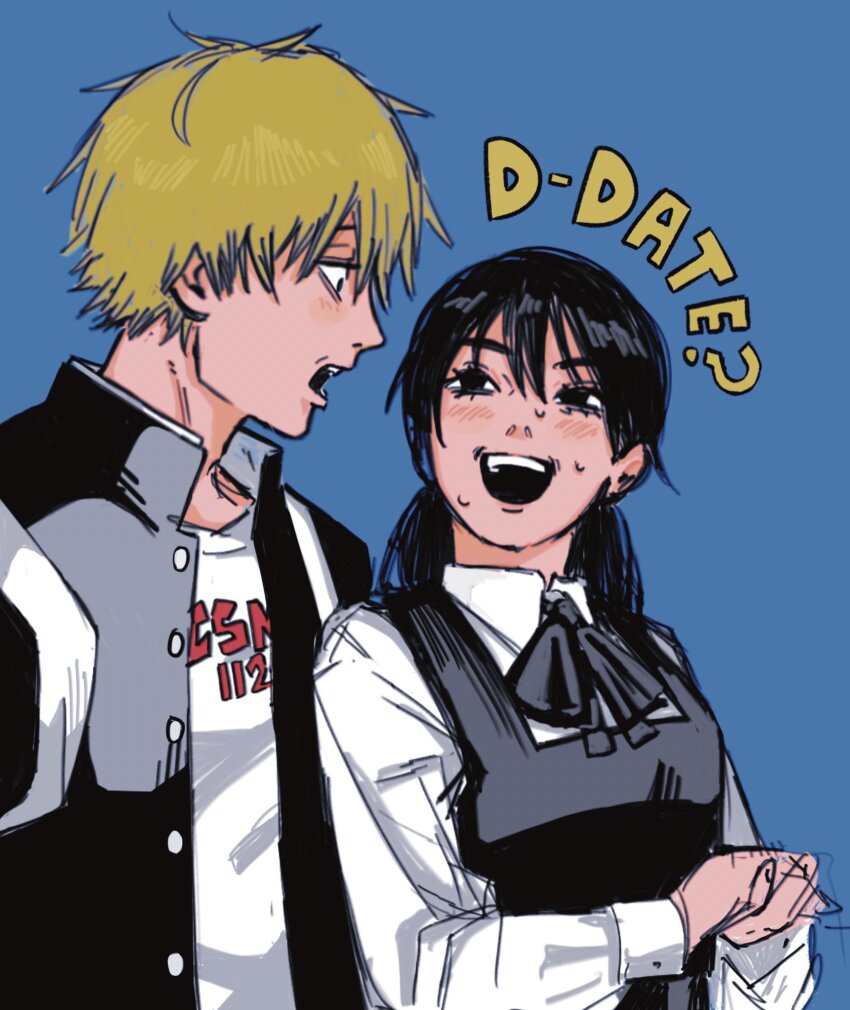 1boy, 1girl, black_dress, black_eyes, black_hair, blonde_hair, blue_background, chainsaw_man