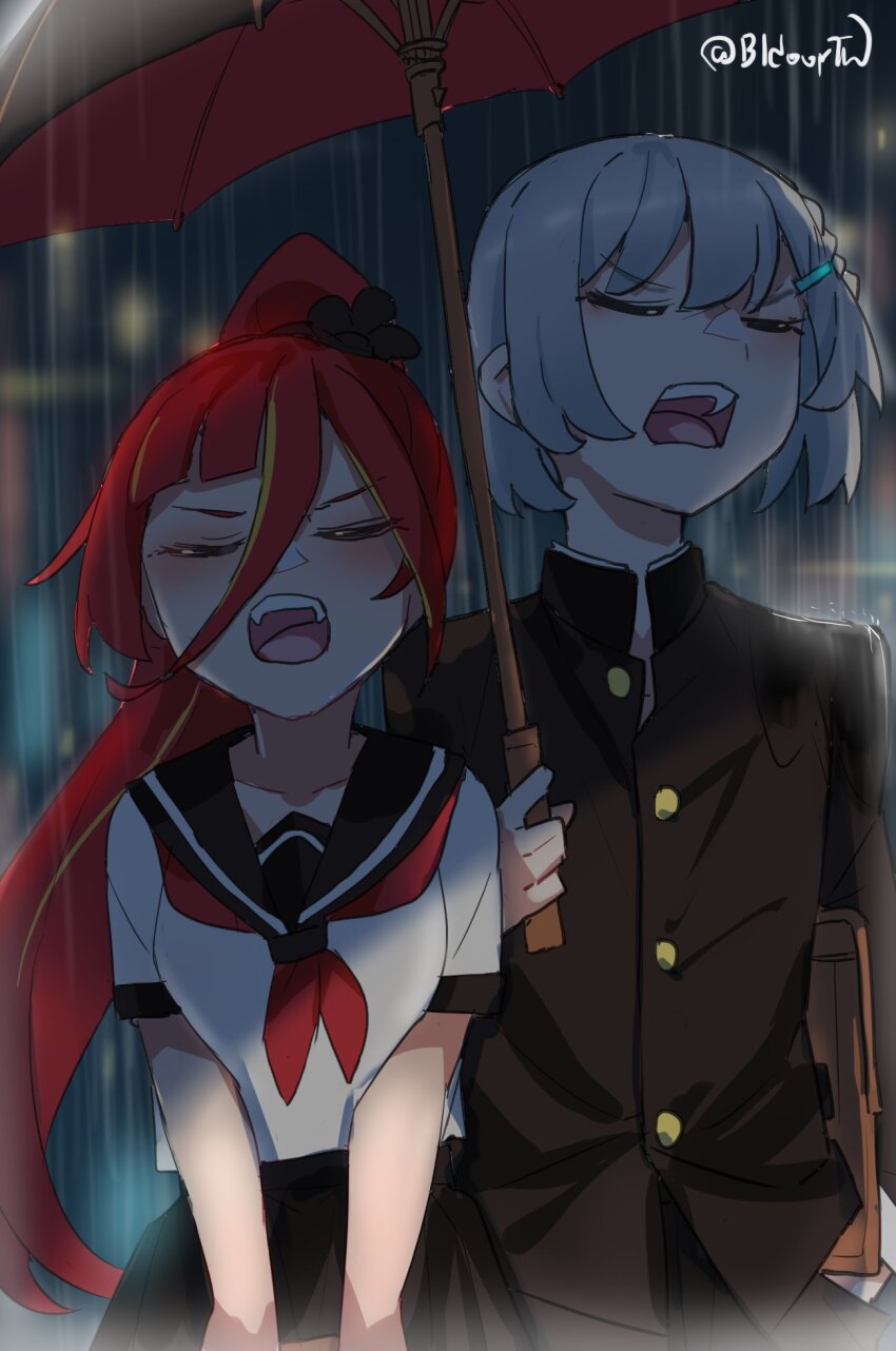 1boy, 1girl, bidortw, braid, breasts, breasts_squeezed_together, chinese_commentary, commentary_request