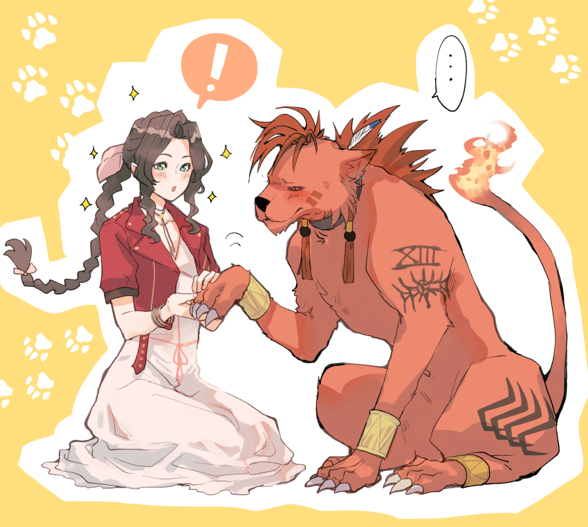!, ..., 1boy, 1girl, aerith_gainsborough, animal, blush, braid