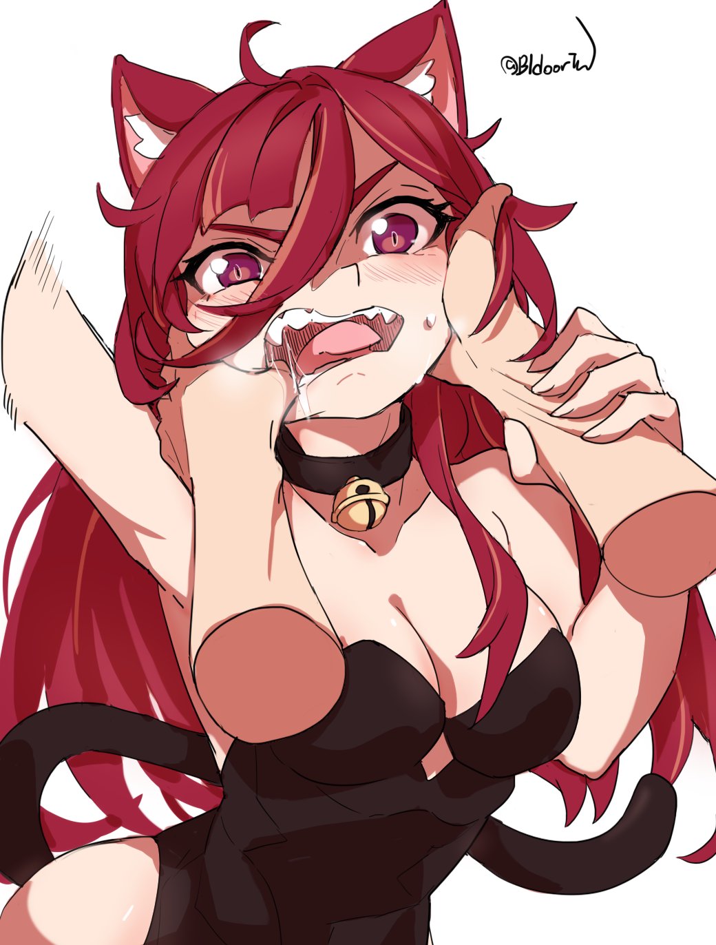 1girl, ahoge, animal_ears, bell, bidortw, black_collar, black_dress, blush, breasts, cat_ears, cat_girl, cat_tail, chinese_commentary, cleavage, clothing_cutout, collar, commentary_request, cygnus_(jishenkong_jihua), disembodied_hand, dress, highres, jishenkong_jihua, kemonomimi_mode, large_breasts, medium_breasts, multicolored_hair, neck_bell, red_eyes, red_hair, saliva, side_slit, solo, strapless, strapless_dress, streaked_hair, tail, twitter_username, two-tone_hair, v-shaped_eyebrows, virtual_youtuber