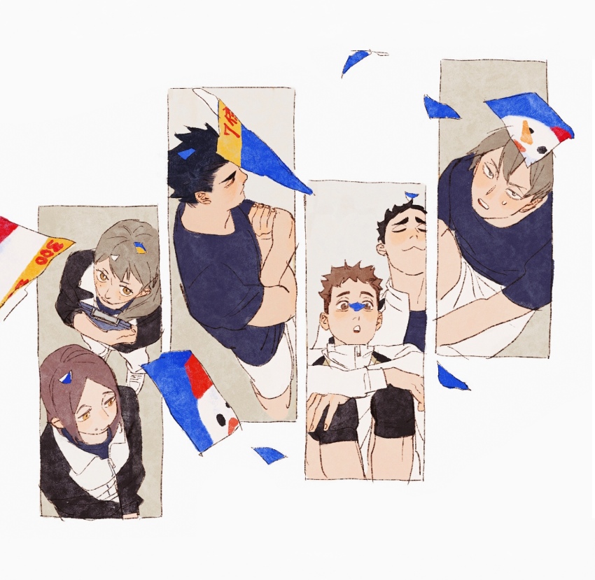 2girls, 4boys, :3, :o, black_hair, blue_shirt, brown_eyes, brown_hair