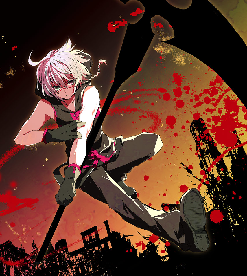 1boy, aleksander_nikolaevich_her, blood, full_body, heterochromia, male_focus, outdoors, scythe