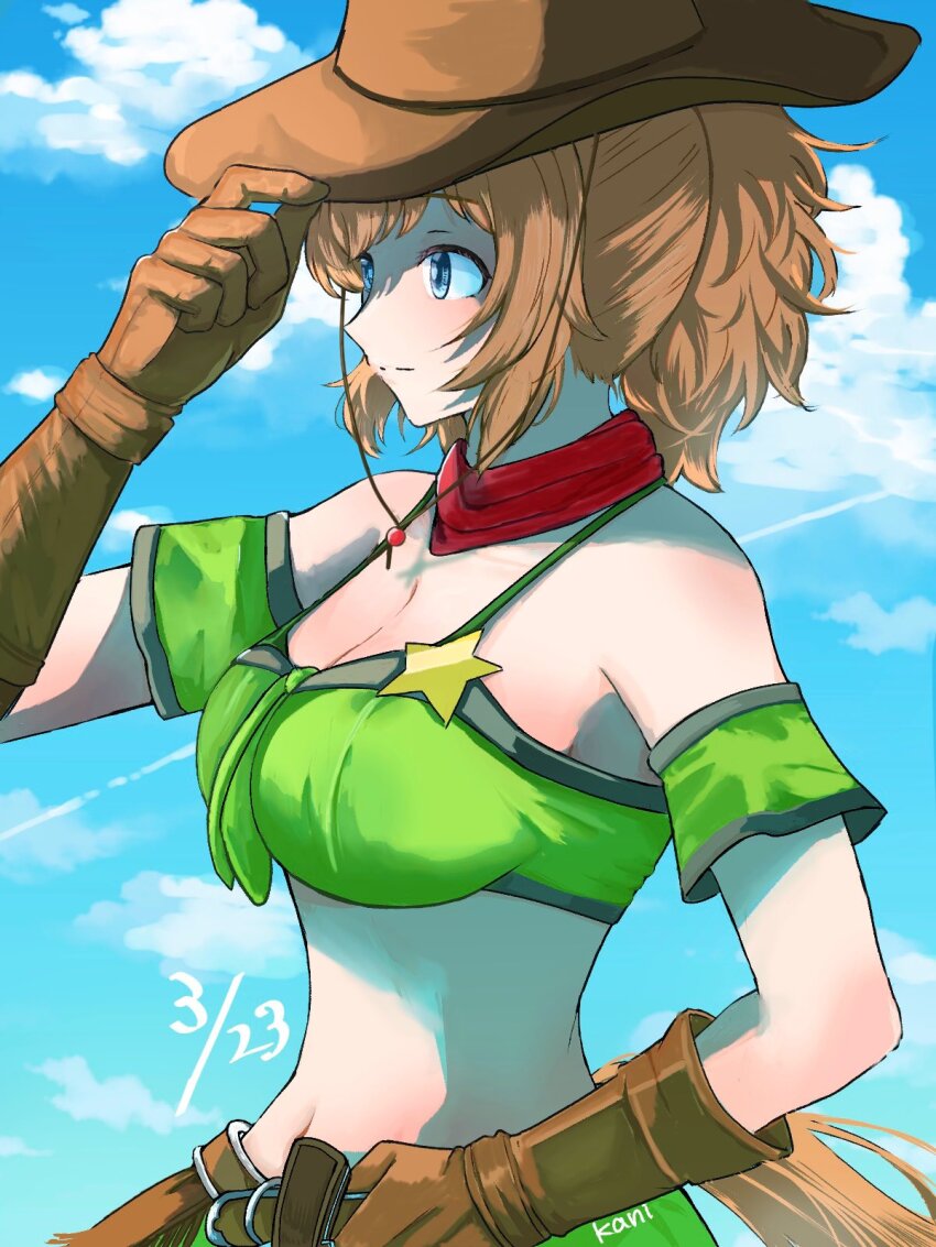 1girl, animal_ears, armband, artist_name, blue_eyes, breasts, brown_gloves, brown_hair, cleavage, cowboy_hat, dated, from_side, gloves, green_armband, hat, highres, horse_ears, horse_girl, kani_umaunya, large_breasts, long_hair, looking_ahead, looking_to_the_side, midriff, navel, ponytail, red_scarf, scarf, solo, taiki_shuttle_(umamusume), umamusume