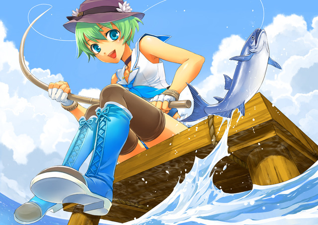 1girl, blue_eyes, boots, choker, cloud, day, female_focus, fingerless_gloves