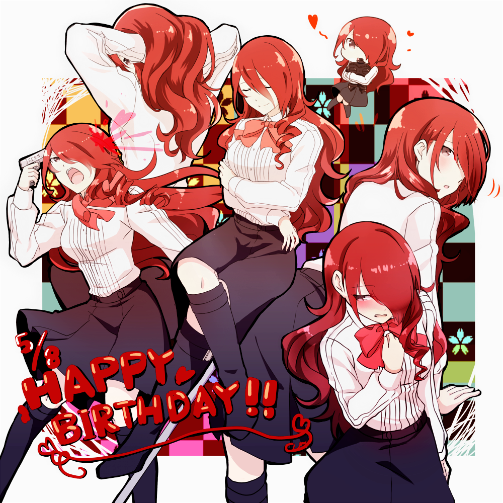 1girl, blush, bow, checkered_background, chibi, multiple_expressions, gun, hair_over_one_eye