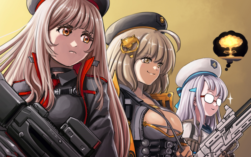3girls, ahoge, anis_(nikke), beret, black_gloves, black_jacket, breasts, brown_eyes