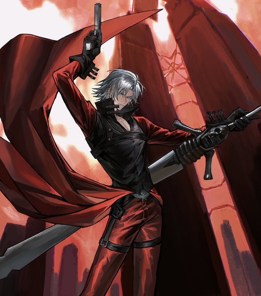 1boy, belt, bishounen, black_gloves, blue_eyes, bonley, closed_mouth, dante_(devil_may_cry)