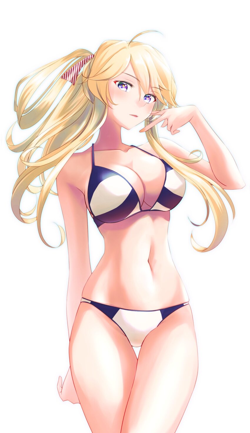 1girl, adapted_costume, ahoge, bikini, blonde_hair, blue_eyes, breasts, cleavage