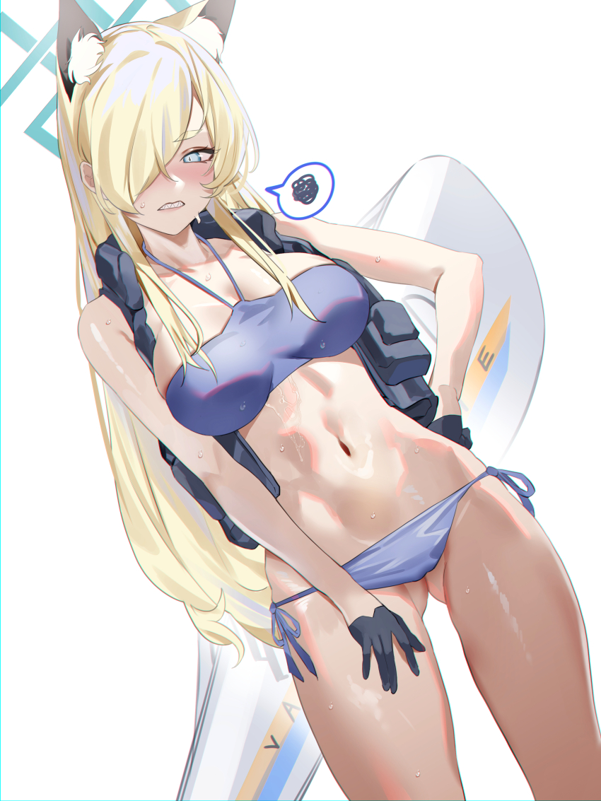 1girl, absurdres, alternate_costume, animal_ear_fluff, animal_ears, bikini, black_gloves, blonde_hair
