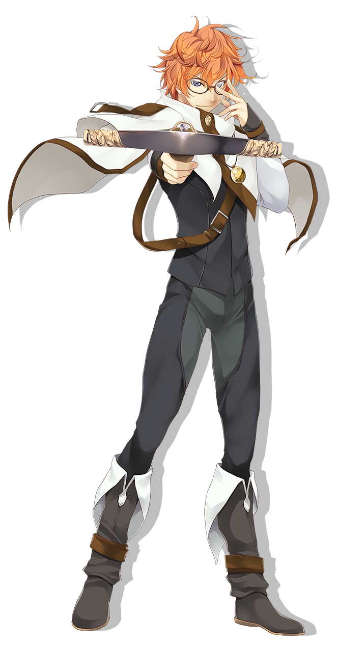 1boy, adjusting_eyewear, atelier-moo, belt, bespectacled, blue_eyes, boots, bowgun