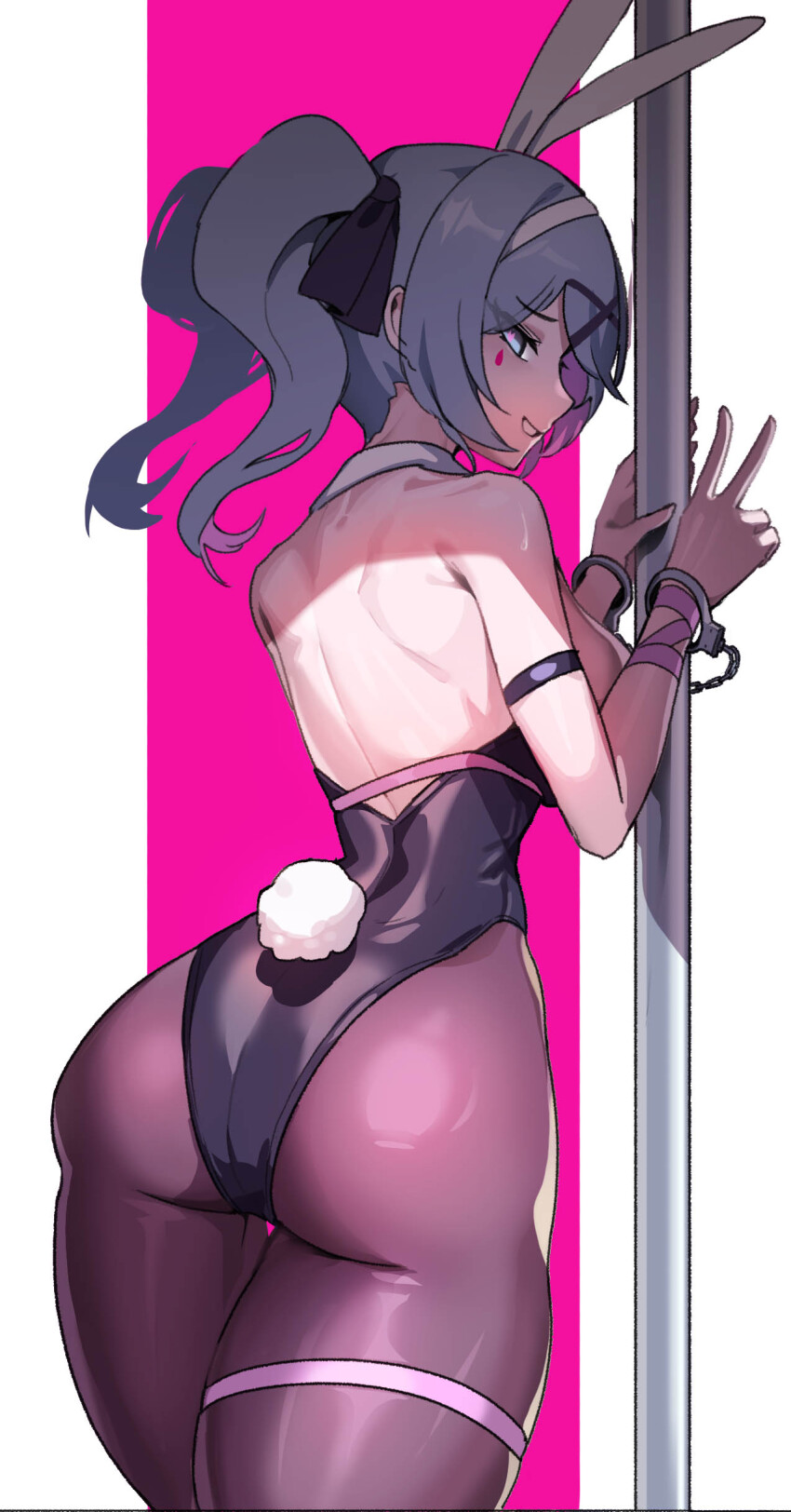 1girl, absurdres, animal_ears, ass, backless_outfit, bare_shoulders, black_leotard, black_pantyhose