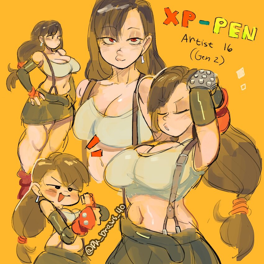 belly, breast_focus, breasts, cleavage, crop_top, dkajart, earrings, elbow_pads