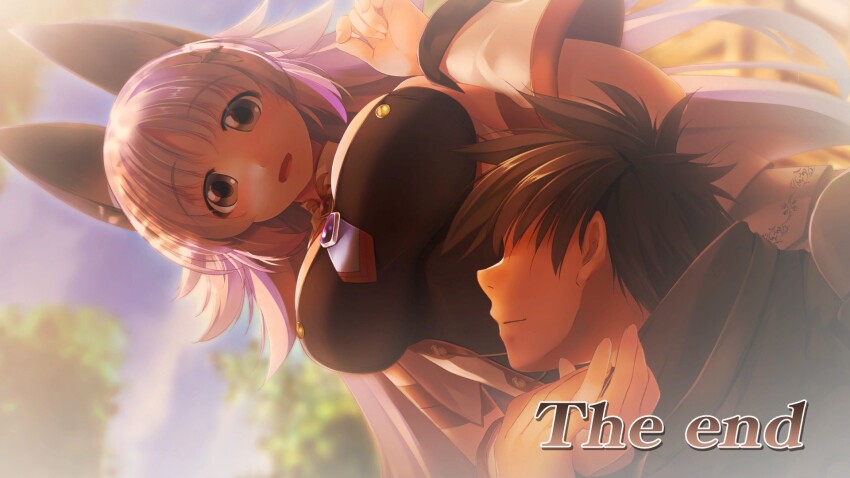 1boy, 1girl, animal_ears, armor, arms_around_neck, atelier-moo, bare_shoulders, black_hair