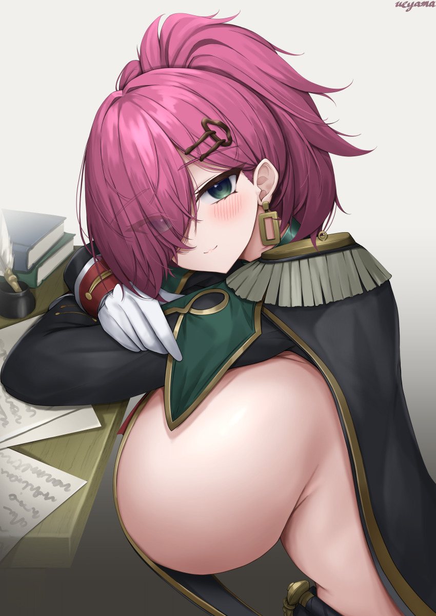 1girl, absurdres, aiguillette, arm_rest, azur_lane, book, breasts, crossed_arms, earrings, epaulettes, from_side, gloves, hair_ornament, hair_over_one_eye, hairclip, highres, huge_breasts, jewelry, leaning_on_table, light_smile, looking_at_viewer, ponytail, red_eyes, red_hair, shirt_overhang, sideboob, sideless_outfit, trieste_(azur_lane), ueyama_0clock, upper_body, white_gloves