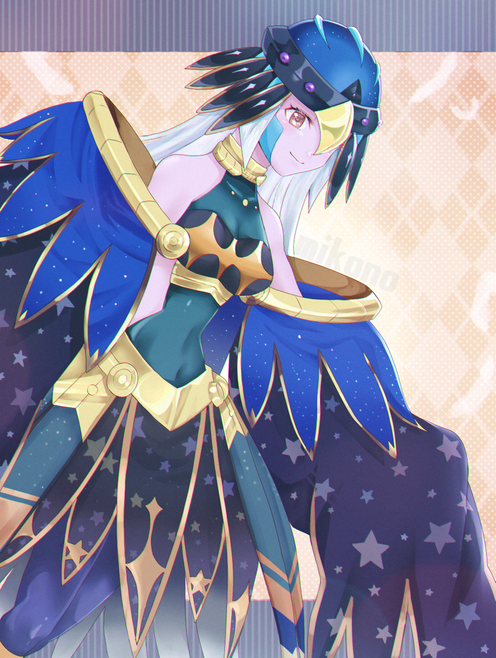 1girl, bare_shoulders, breasts, colored_skin, duel_monster, grey_hair, harpy, hat