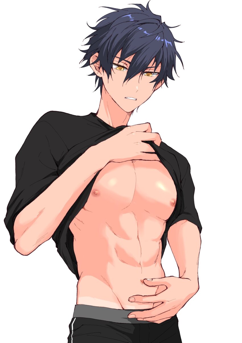 1boy, abs, black_shirt, blue_hair, clothes_lift, ensemble_stars!, hair_between_eyes, hand_on_own_chest