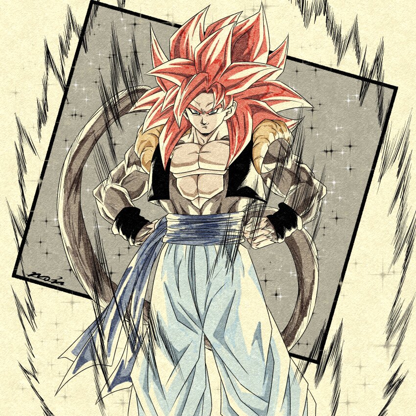 absurdres, artist_name, aura, black_vest, blue_eyes, blue_sash, brown_fur, cowboy_shot, dragon_ball, dragon_ball_gt, gogeta, highres, long_hair, metamoran_vest, monkey_tail, muscular, muscular_male, noir_illust, pants, red_hair, sash, smirk, sparkle, spiked_hair, super_saiyan, super_saiyan_4, tail, vest, white_pants