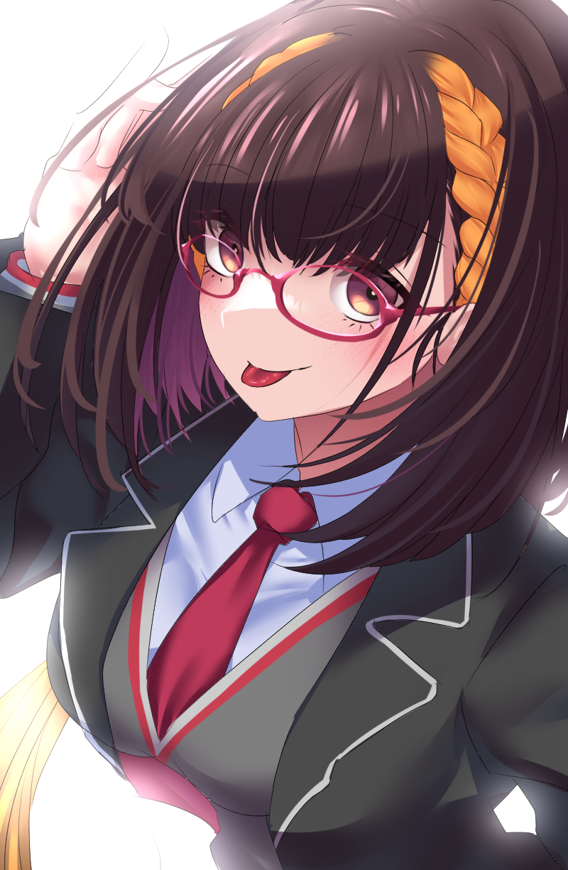 1girl, black_jacket, blonde_hair, blush, braid, breasts, brown_eyes, brown_hair, fate/grand_order, fate_(series), glasses, highres, jacket, large_breasts, long_hair, long_sleeves, looking_at_viewer, multicolored_hair, necktie, osakabe_himeko, osakabehime_(fate), school_uniform, smile, solo, tongue, tongue_out, two-tone_hair, yakuoyoso