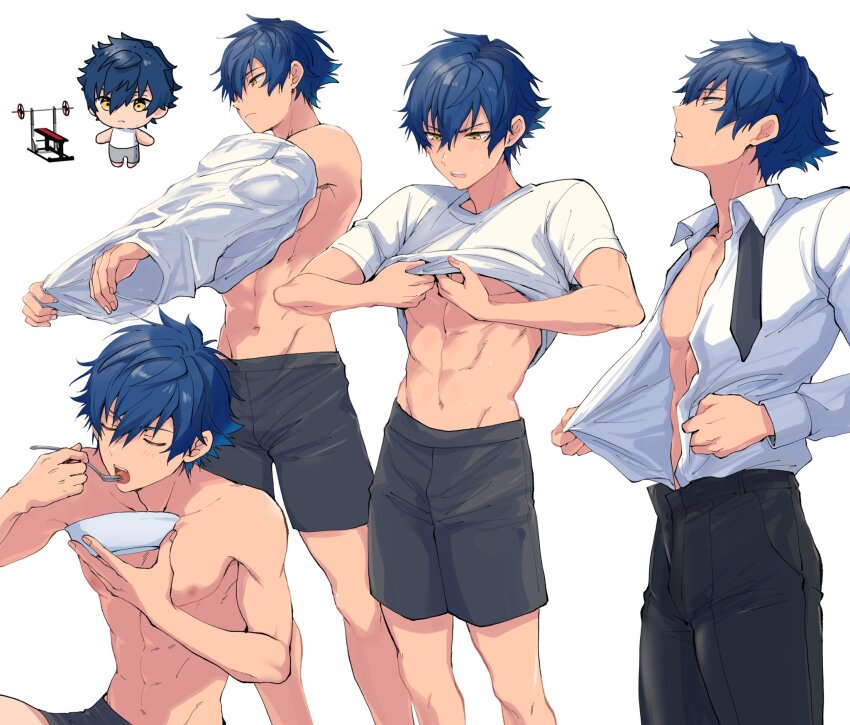 1boy, abs, bare_shoulders, black_necktie, blue_hair, chibi, clothes_lift, eating