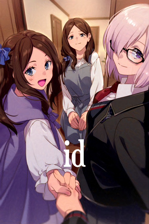3girls, blue_eyes, blush, breasts, brown_hair, echo_(circa), fate/grand_order, fate_(series), glasses, holding_hands, large_breasts, leonardo_da_vinci_(caster)_(fate), leonardo_da_vinci_(fate), leonardo_da_vinci_(fate/grand_order), leonardo_da_vinci_(mother)_(fate), leonardo_da_vinci_(rider)_(fate), leonardo_da_vinci_(sister)_(fate), long_hair, long_sleeves, looking_at_viewer, mash_kyrielight, multiple_girls, open_mouth, parted_bangs, pink_hair, pov, purple_eyes, short_hair, small_breasts, smile