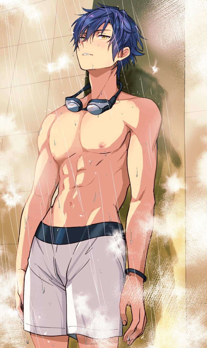 1boy, abs, bathroom, blue_hair, ensemble_stars!, goggles, goggles_around_neck, hair_between_eyes, highres, light_blush, looking_up, male_focus, male_swimwear, nipples, parted_lips, pectorals, sazanami_jun, short_hair, shorts, showering, solo, steam, teeth, topless_male, toroi_(run01211), upper_body, upper_teeth_only, white_shorts, wristband, yellow_eyes