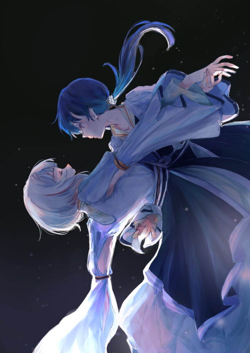 2girls, bending_backward, bent_over, black_background, blue_dress, blue_hair, closed_eyes, closed_mouth