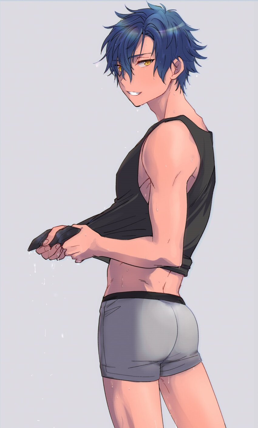 1boy, ass, back, black_tank_top, blue_hair, boxers, clothes_grab, clothes_lift