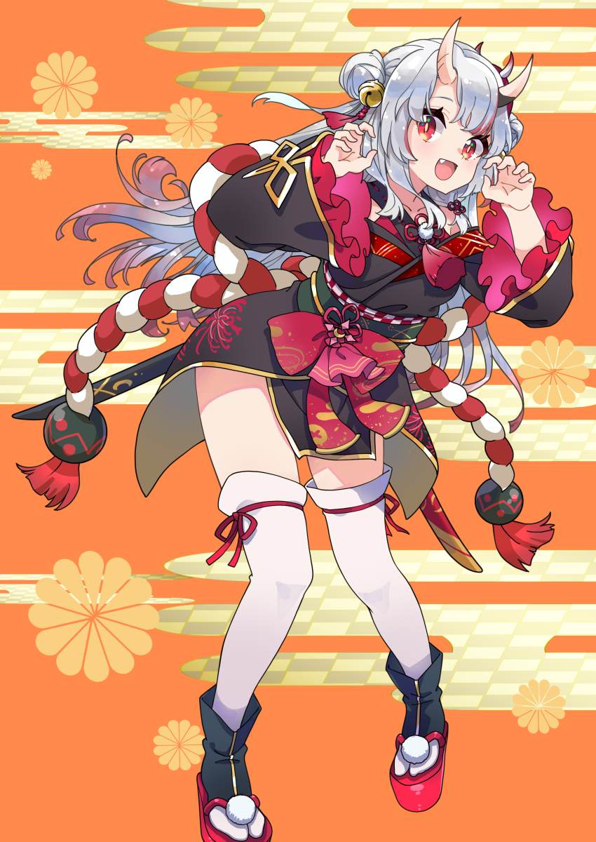 1girl, absurdres, akitsu_mikami, black_kimono, black_sleeves, black_trim, claw_pose, collarbone