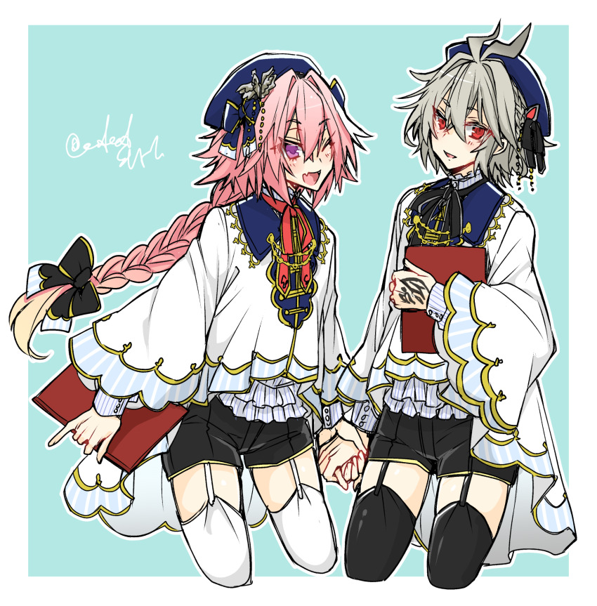 2boys, antenna_hair, aqua_background, astolfo_(angel_breath)_(fate), astolfo_(fate), beret, black_bow, black_garter_straps, black_ribbon, black_thighhighs, blue_bow, blue_collar, blue_hat, bow, braid, collar, command_spell, cowboy_shot, dress, fang, fate/apocrypha, fate/grand_order, fate_(series), french_clothes, frilled_dress, frills, garter_straps, gold_trim, grey_hair, hair_between_eyes, hair_bow, hair_intakes, hair_ribbon, haoro, hat, highres, holding, holding_hands, holding_menu, light_blush, long_braid, long_hair, male_focus, menu, multicolored_hair, multiple_boys, neck_ribbon, official_alternate_costume, one_eye_closed, open_mouth, pink_hair, pinky_out, purple_eyes, red_eyes, red_ribbon, ribbon, sieg_(angel_breath)_(fate), sieg_(fate), signature, single_braid, skin_fang, smile, streaked_hair, thighhighs, trap, two-tone_hair, white_dress, white_garter_straps, white_hair, white_thighhighs, wide_sleeves