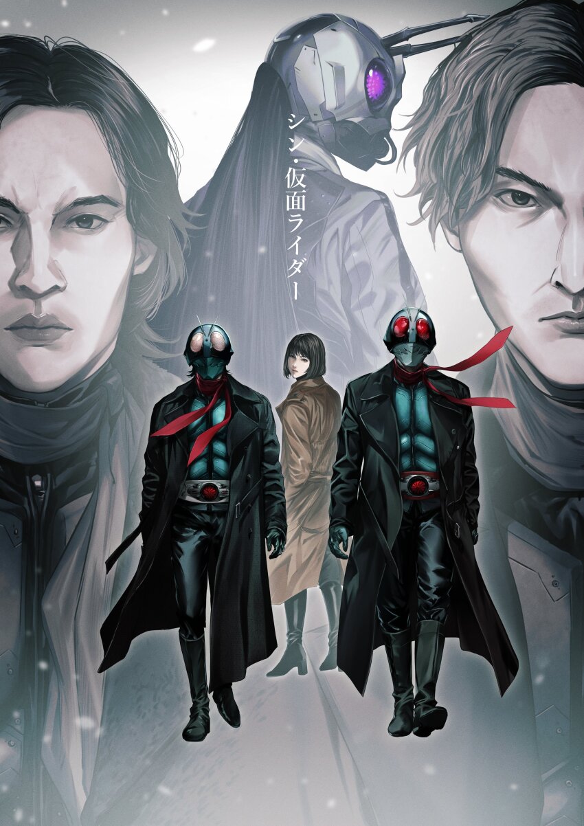 1girl, 5boys, absurdres, antennae, armor, belt_buckle, black_bodysuit, black_coat