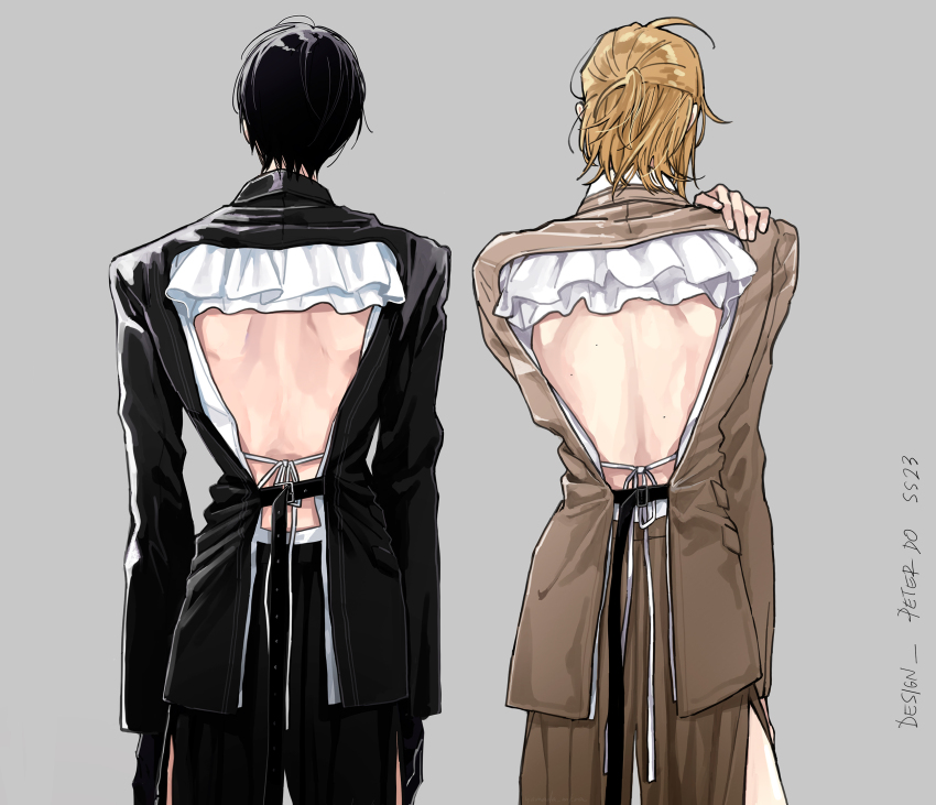 2boys, bare_back, belt, black_belt, black_hair, black_suit, blonde_hair, brown_suit