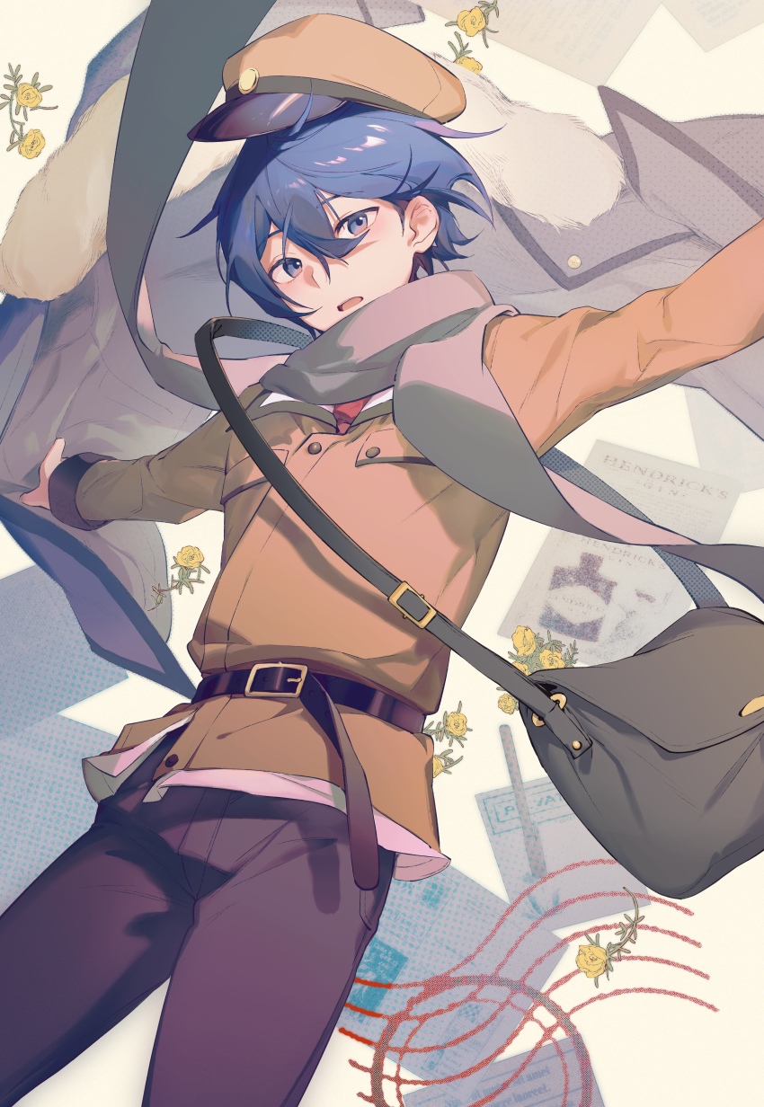 1boy, absurdres, arms_out, bag, beileimao, belt, black_belt, black_pants