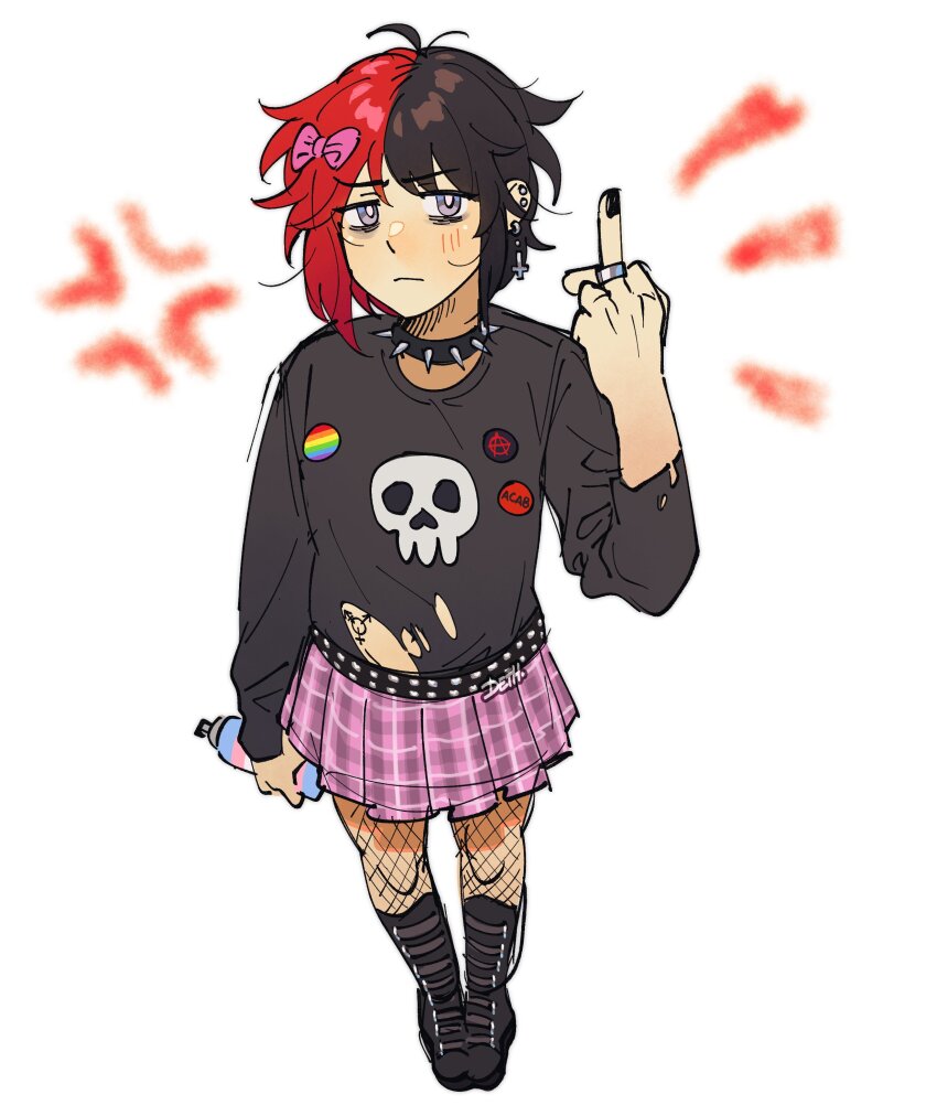 1girl, absurdres, anarchy_symbol, androgyne_symbol, anger_vein, badge, bags_under_eyes, belt, black_choker, black_footwear, black_hair, black_nails, black_shirt, boots, bow, button_badge, choker, cross, cross_earrings, ear_piercing, earrings, fishnet_pantyhose, fishnets, full_body, hair_bow, highres, jewelry, johan_(deathamaranth), knee_boots, lgbt_pride, middle_finger, multicolored_hair, notice_lines, original, pantyhose, piercing, pink_bow, plaid_clothes, plaid_skirt, pleated_skirt, red_hair, ring, shirt, simple_background, skirt, skull_print, spiked_choker, spikes, split-color_hair, spray_can, standing, studded_belt, tattoo, torn_clothes, torn_shirt, transgender_flag, two-tone_hair, white_background