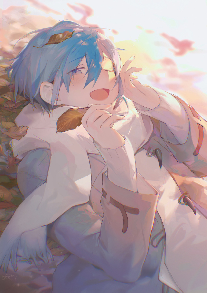 1boy, autumn_leaves, beileimao, blue_eyes, blue_hair, blush, coat, grey_coat