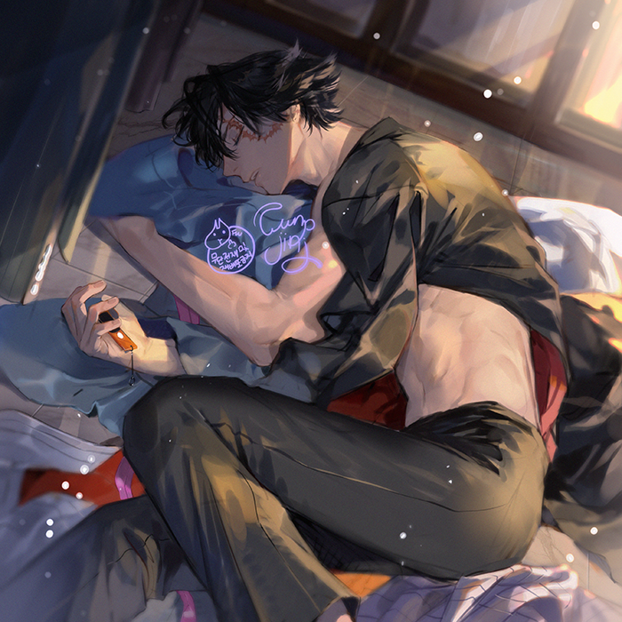 1boy, abs, black_hair, black_jacket, black_pants, closed_eyes, clothes, floor