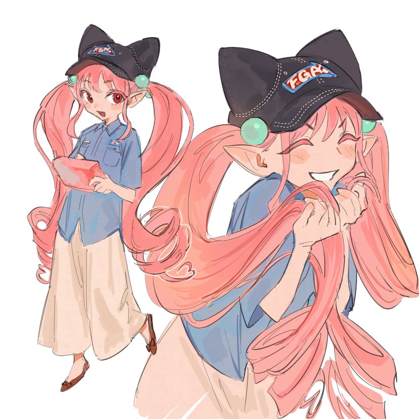 1girl, ^_^, animal_ear_headwear, animal_ears, black_hat, brown_footwear, cat_ears, closed_eyes, colored_eyelashes, curly_hair, facing_ahead, fake_animal_ears, fate/grand_order, fate_(series), full_body, grin, habetrot_(fate), habetrot_(fgo_mart)_(fate), hair_bobbles, hair_ornament, hat, holding, holding_own_hair, long_hair, long_skirt, looking_at_viewer, multiple_views, official_alternate_costume, open_mouth, pink_hair, pointy_ears, red_eyes, shoes, short_sleeves, sidelocks, simple_background, skirt, smile, twintails, very_long_hair, white_background, white_skirt, wo_do