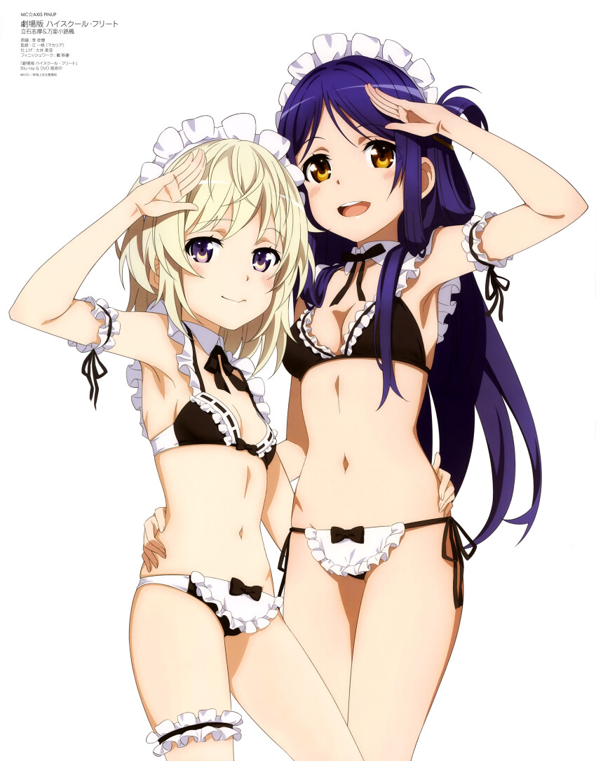 2girls, :d, absurdres, arm_garter, armpits, bikini, black_bikini, black_hair