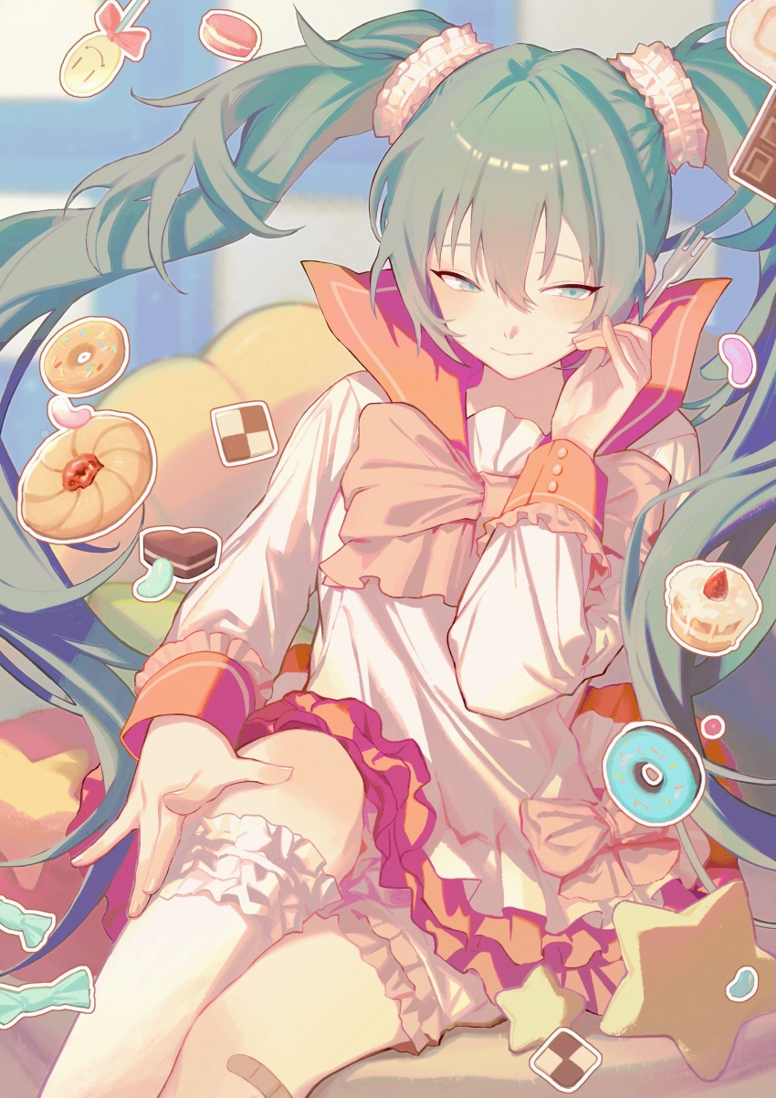 1girl, absurdres, aqua_eyes, aqua_hair, bandaid, bandaid_on_knee, bandaid_on_leg, beileimao, blush, cookie, cupcake, cushion, donut, floating_hair, food, fork, frilled_skirt, frilled_thighhighs, frills, hair_between_eyes, hatsune_miku, hatsune_miku_(lollipop), highres, holding, holding_fork, lol_-lots_of_laugh-_(vocaloid), long_hair, looking_to_the_side, pink_ribbon, pink_sailor_collar, ribbon, sailor_collar, single_thighhigh, sitting, skirt, solo, sweets, thighhighs, twintails, upper_body, very_long_hair, vocaloid, white_thighhighs