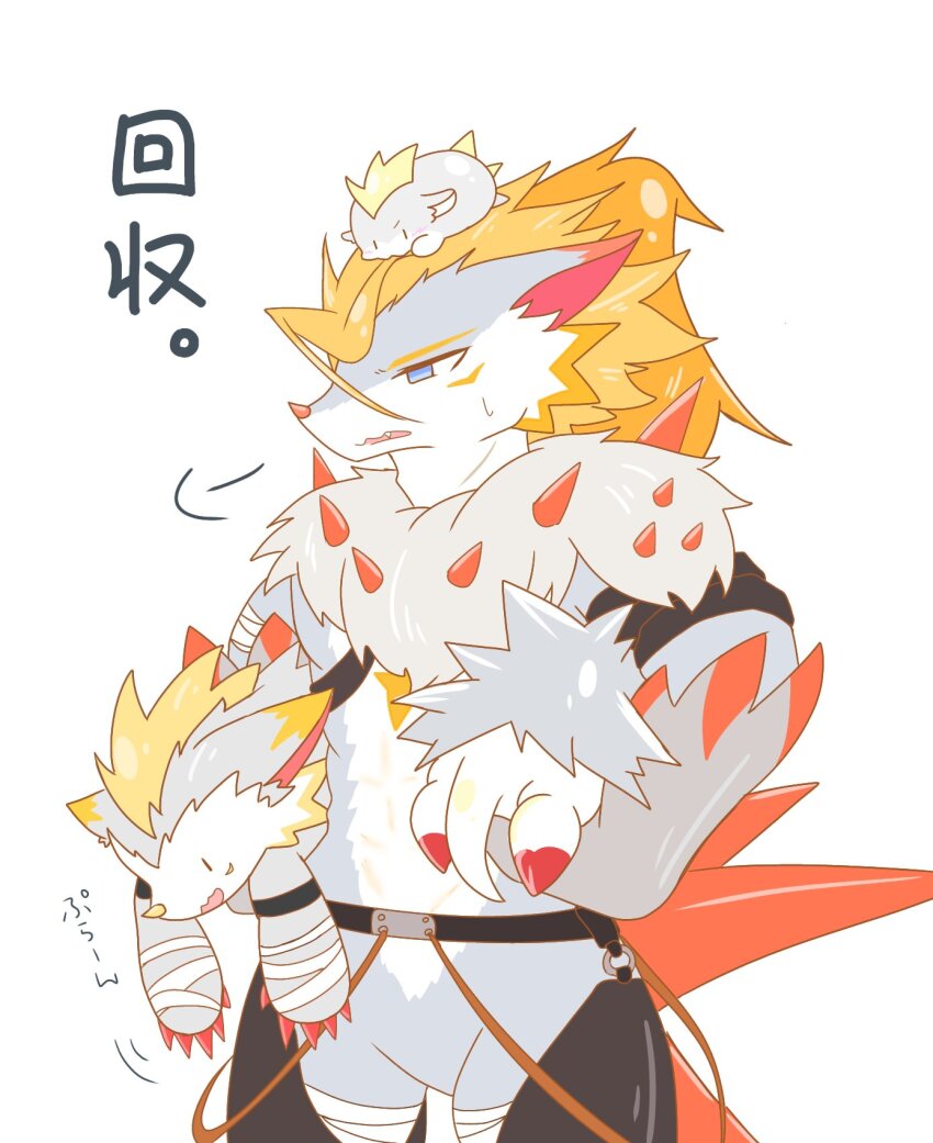 bandages, belt, blonde_hair, blue_eyes, digimon, digimon_(creature), evolutionary_line, fang