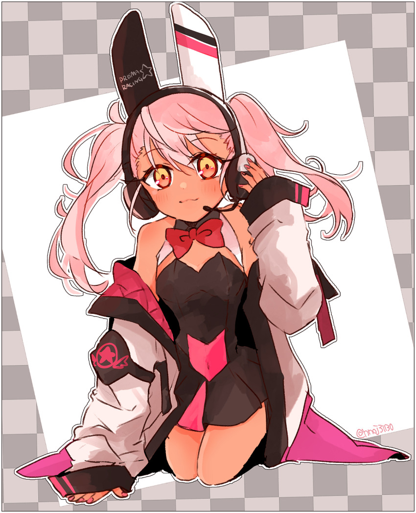 1girl, :3, adjusting_headphones, alternate_costume, animal_ear_headphones, animal_ears, arm_up, black_leotard