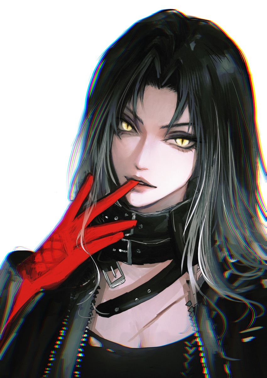 1girl, absurdres, angell_(path_to_nowhere), belt, belt_collar, biting, black_hair, black_jacket