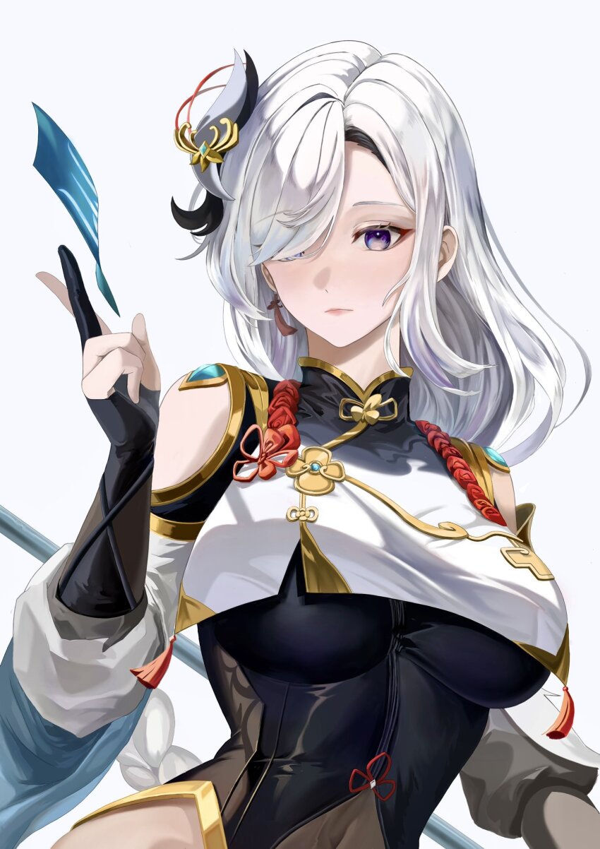 black_dress, black_gloves, breasts, chinami_(chinamin_02), closed_mouth, dress, expressionless, genshin_impact