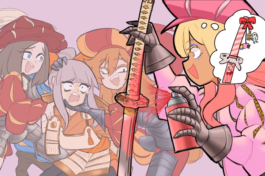 4girls, :d, amogus_girl, armor, blonde_hair, bow, brown_hair, casino_(film)